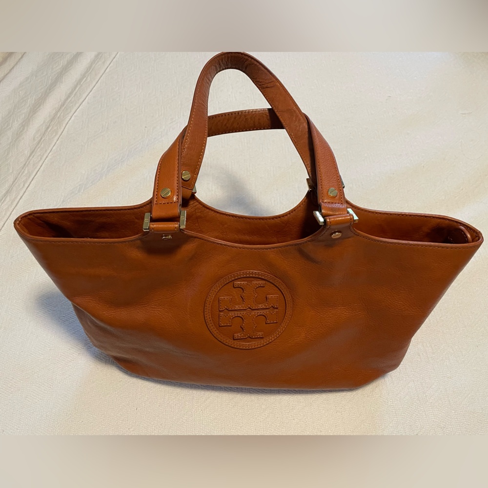 Tory Burch Brown Leather Tote with Structured Handles & Gold Hardware